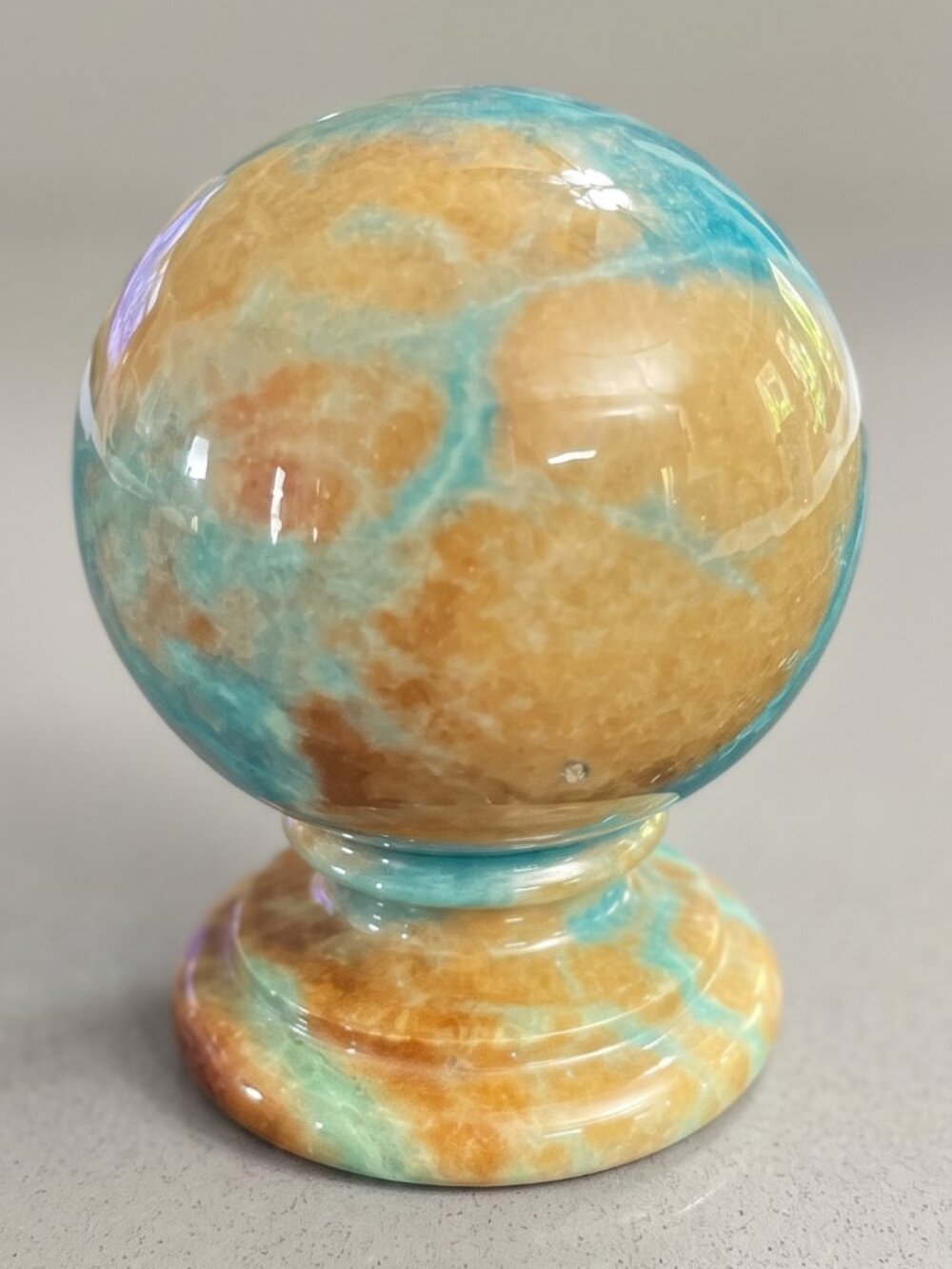 Ducceschi Alabaster Globe Paperweight Hand Carved Italy Turquoise Tan Stone 3.5”